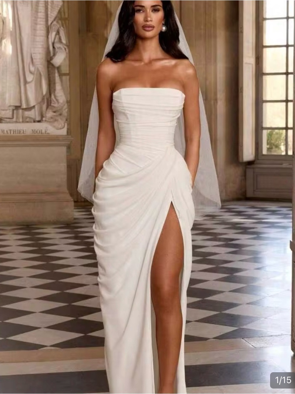 Strapless White Ruched Gown with Thigh Slit